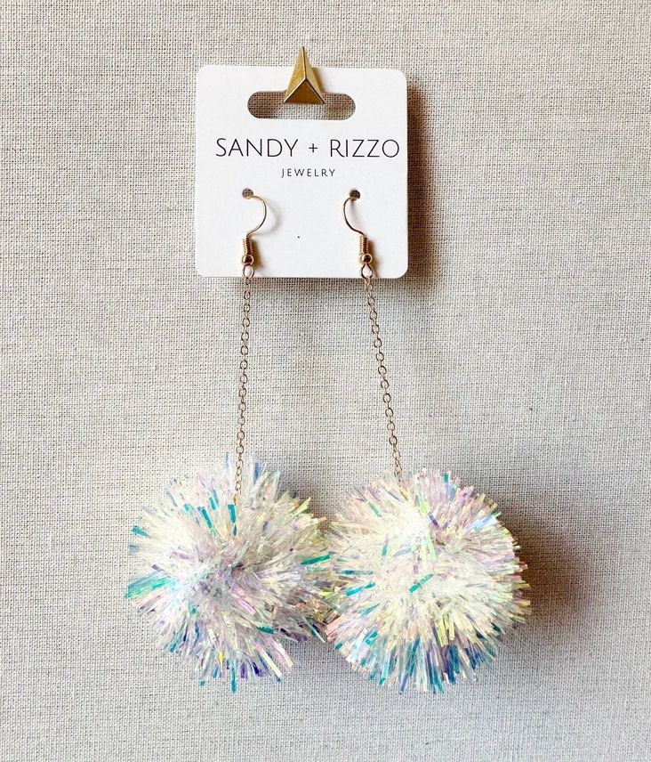 White Iridescent Tinsel Pom Dangle Earrings