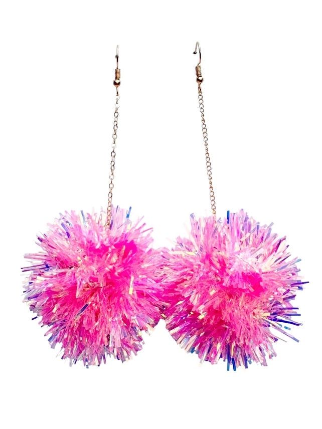 Pink Iridescent Tinsel Pom Dangle Earrings