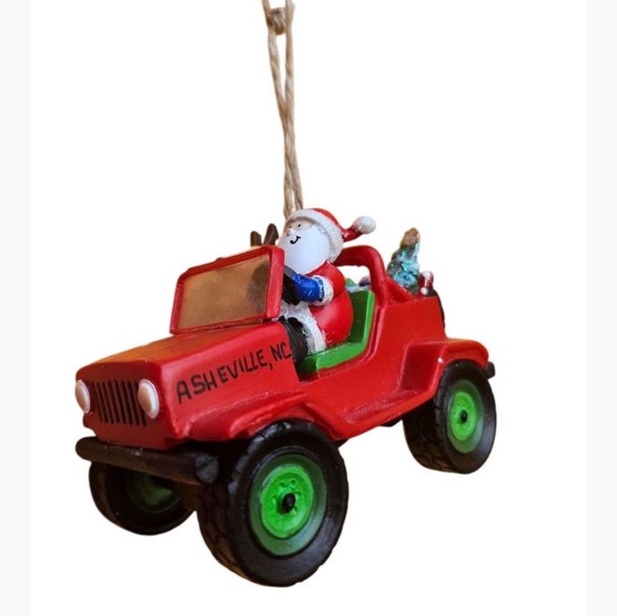 Santa And Reindeer In Jeep Asheville Ornament