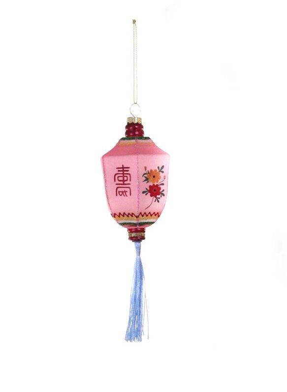 Glass Lantern Ornament, Color: Pink With Green And Gold Top