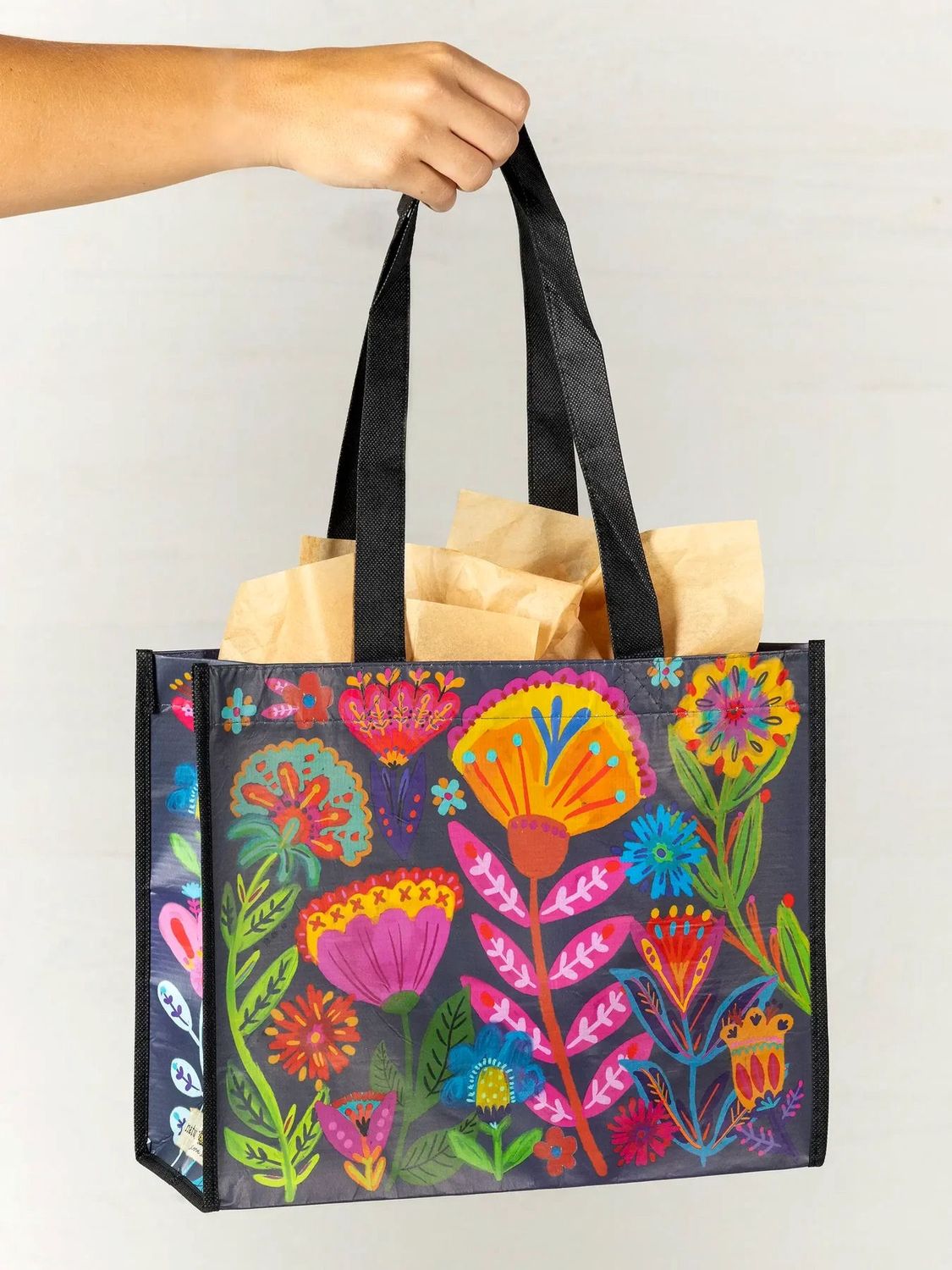 Navy Folk Flower Large Tote Bag