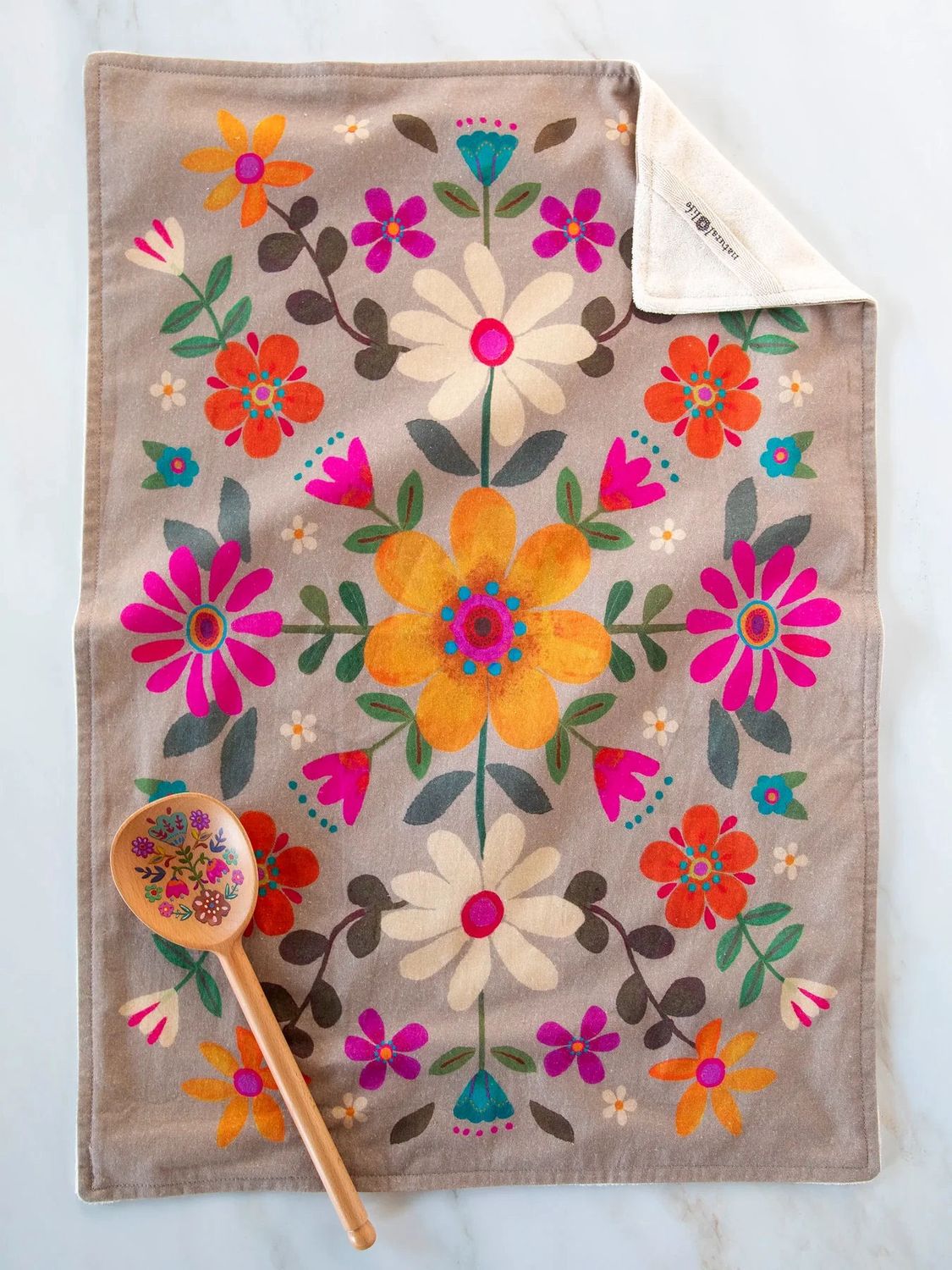 Taupe Folk Flower Cotton Dish Towel