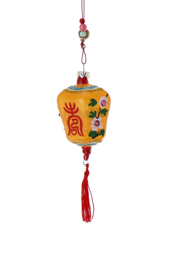 Small Glass Lantern Ornament, Color: Yellow With Blue And Gold Top