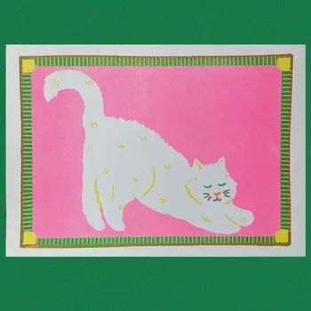 Stretching Cat A4 Risograph Print