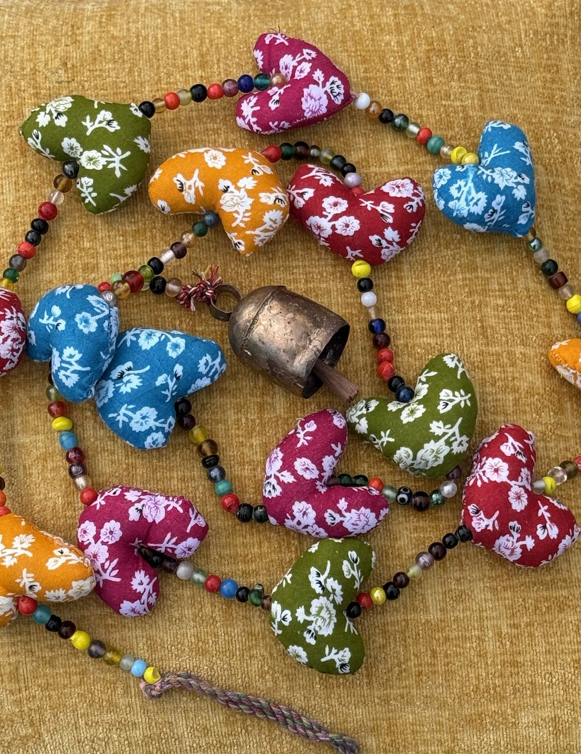 Multicolored Fabric Hearts With Bell