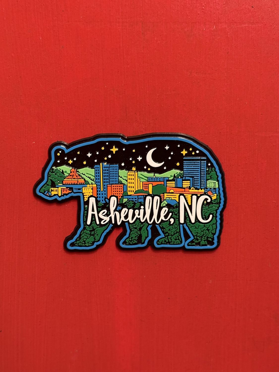 Asheville NC City Night Skyline Rubber Bear Magnet