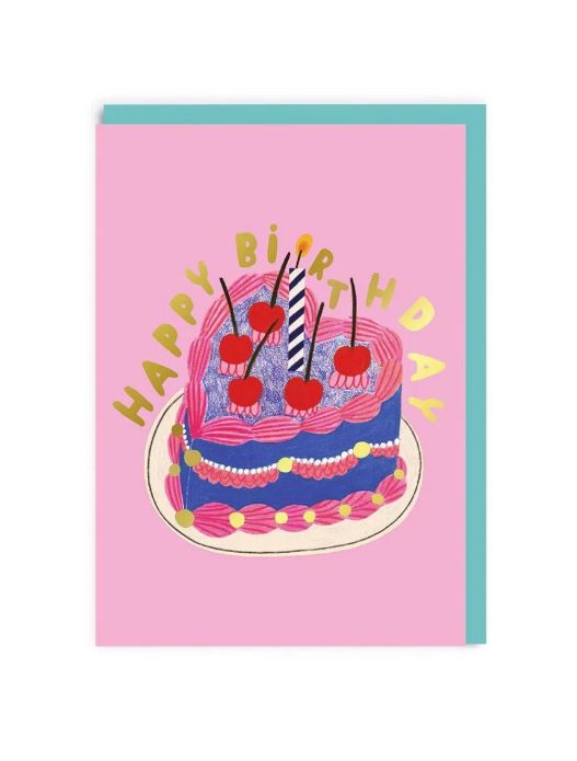 Happy Birthday Heart Cake Pink Card