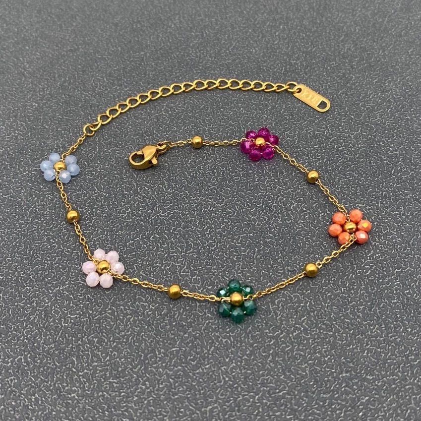5 Color Glass Beaded Flowers Gold Plated Bracelet