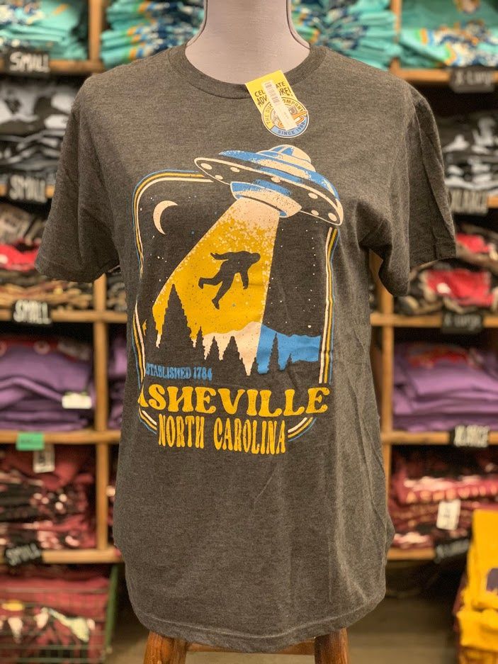 Beam Me Up Asheville North Carolina Grey Big Foot UFO T-Shirt, Size: Small
