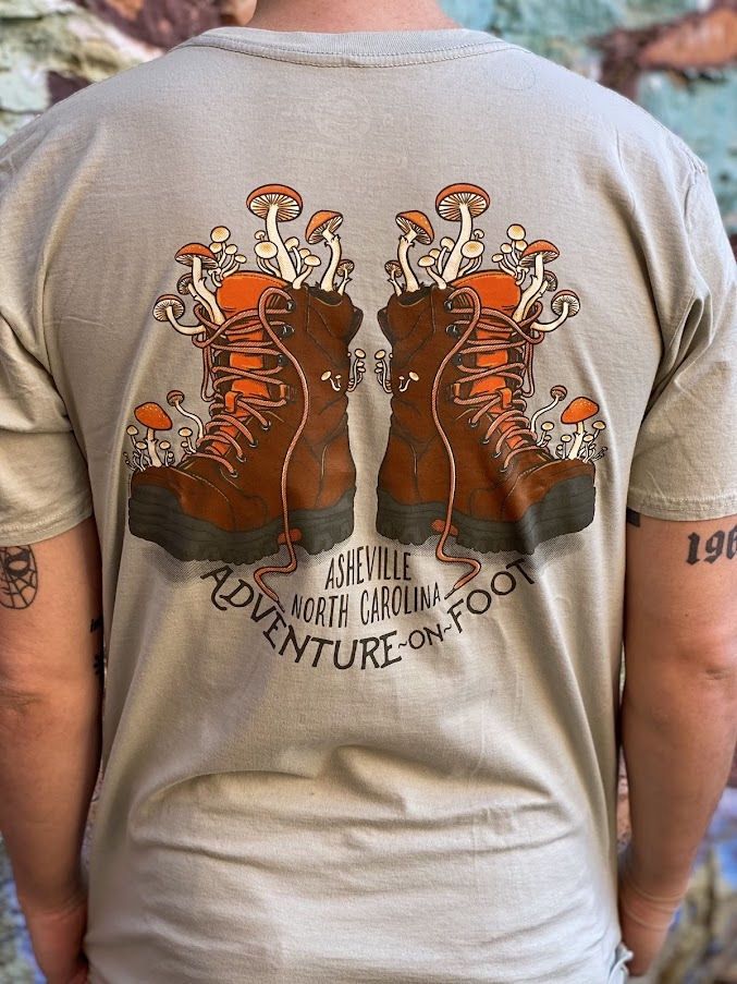 Mushroom Boots Asheville North Carolina Adventure On Foot T-Shirt, Size: Small