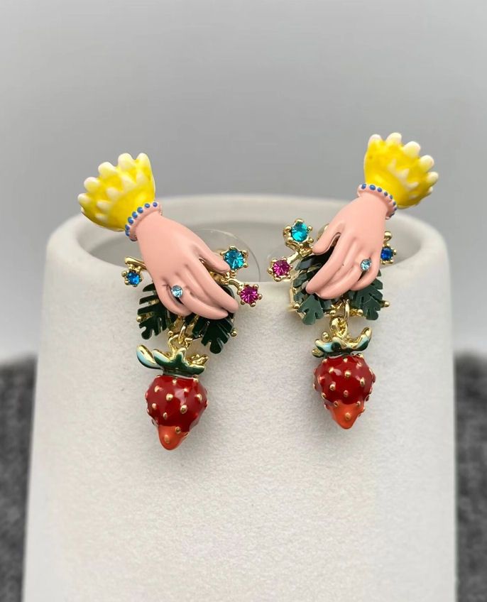 Inlaid Rhinestone Enamel Hand Earrings