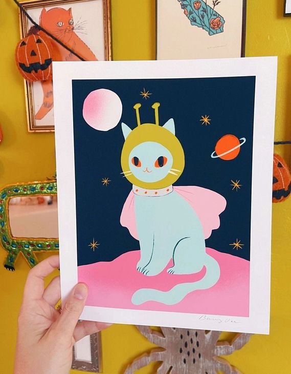 Blue Alien Space Cat Art Print 8x10