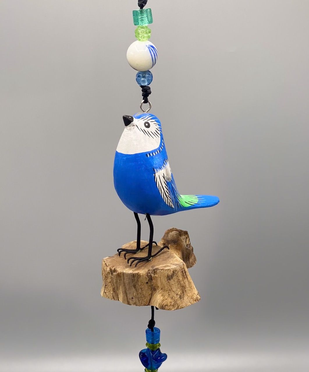 Painted Wood Blue Jay Beads And Bells