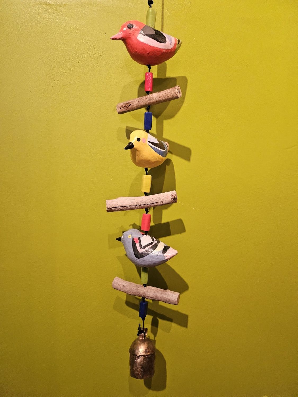 Nature's Melody Three Wood Birds Beads And Bell