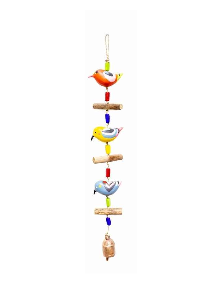 Nature's Melody Three Wood Birds Beads And Bell