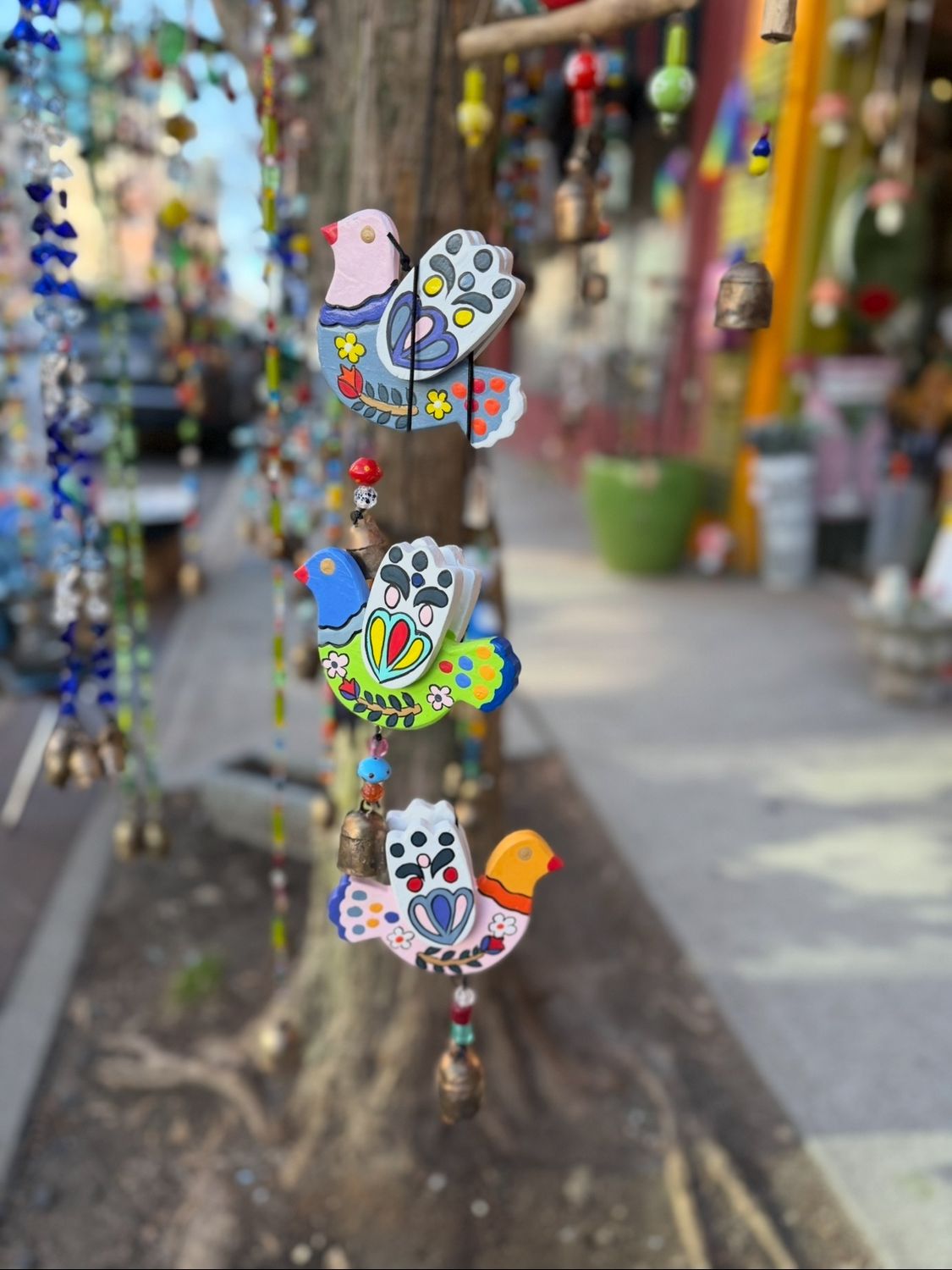 Three Birds of Peace Painted Wood Beads And Bells
