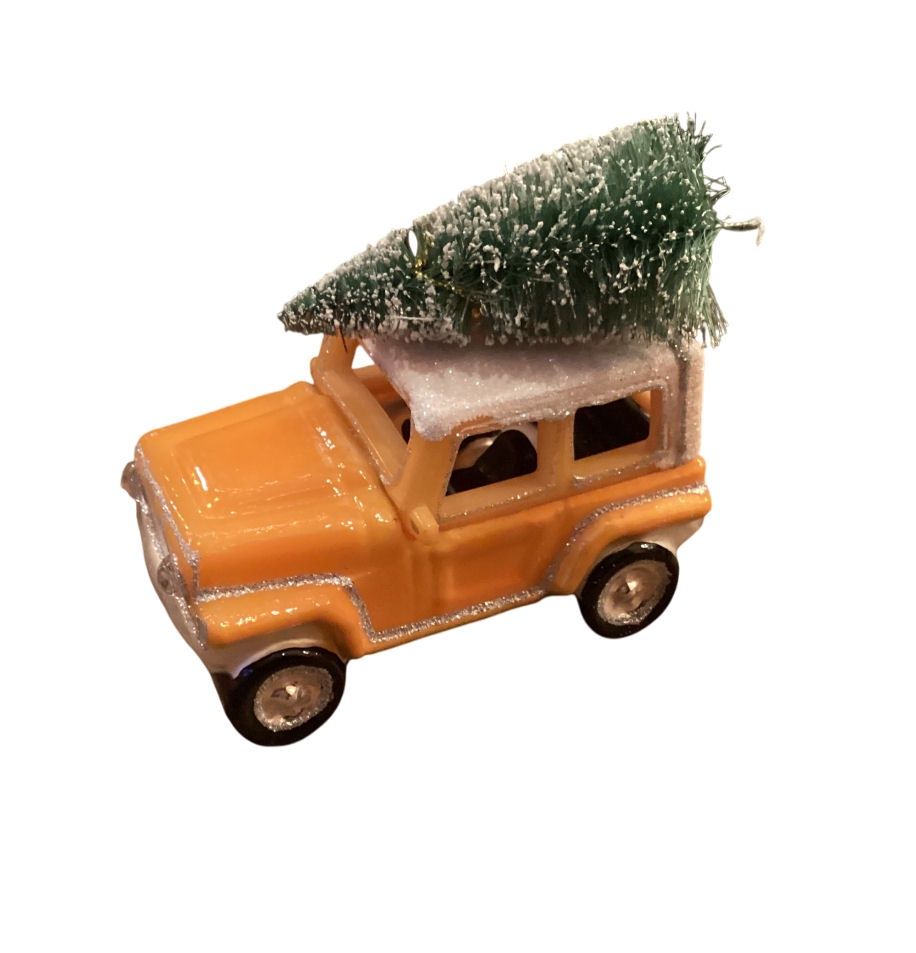 Jeep With Sisal Tree Ornament, Color: Yellow