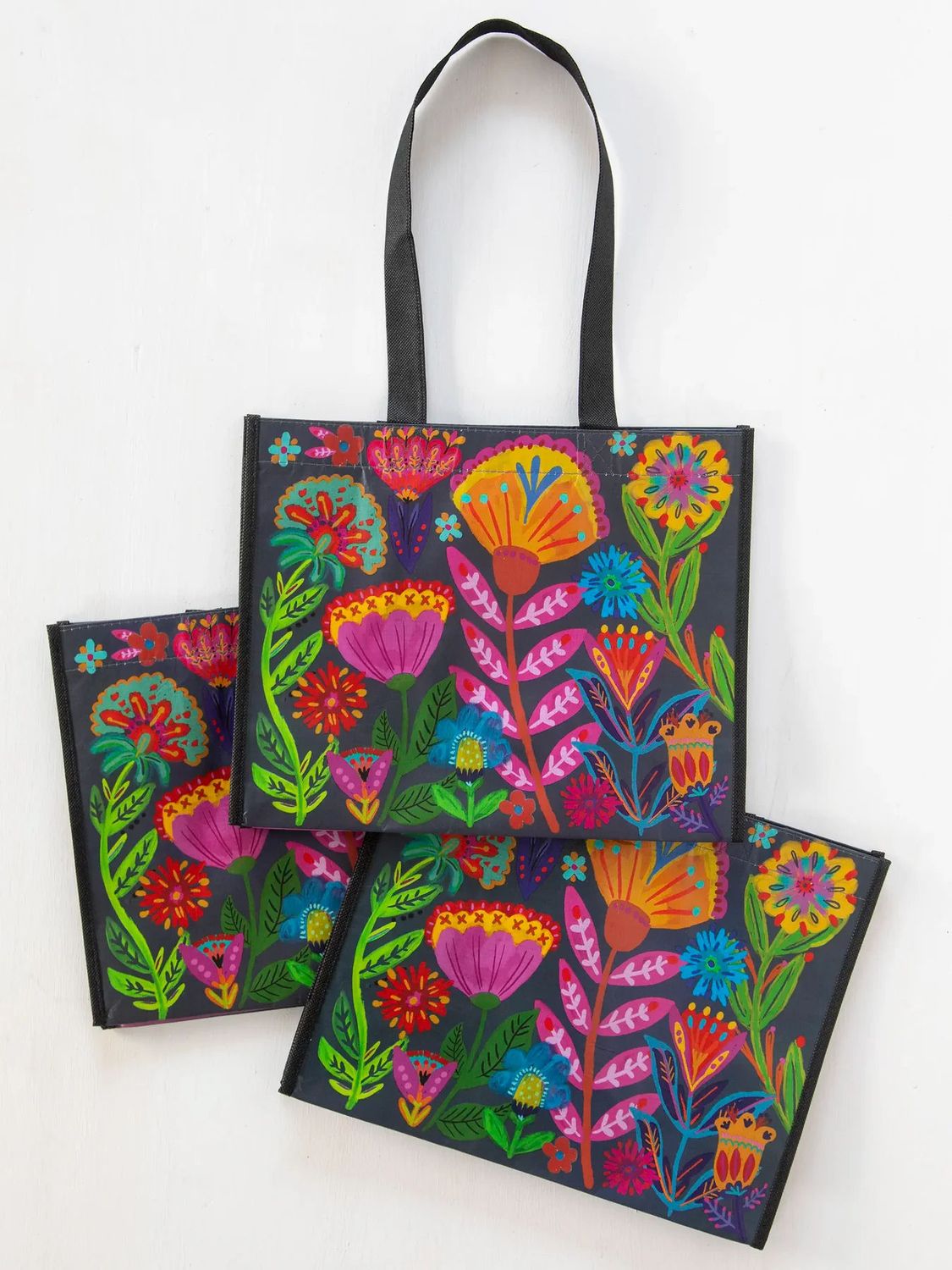 Navy Folk Flower Large Tote Bag