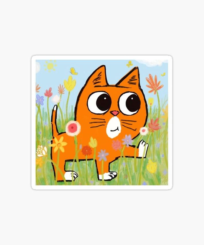 Orange Cat And Flowers Sticker