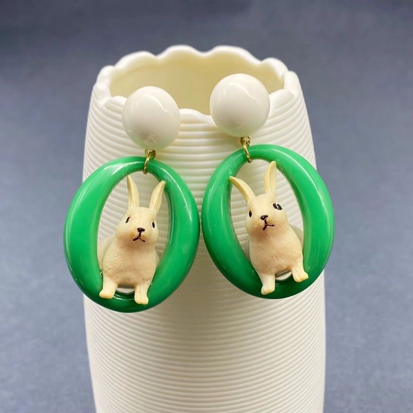 Green Resin Rabbit Earrings