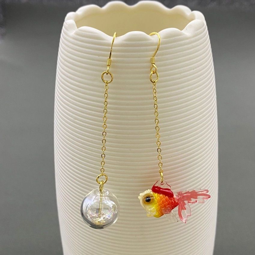Asymmetric Red Goldfish Dangle Earrings