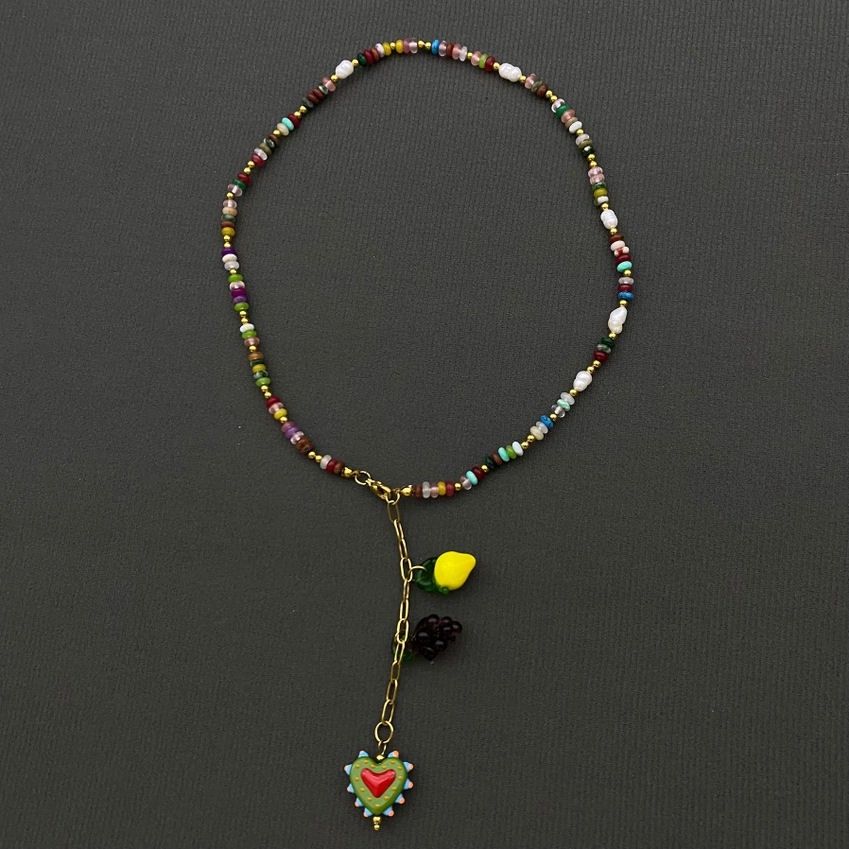 Heart And Fruit Stone Beaded Necklace