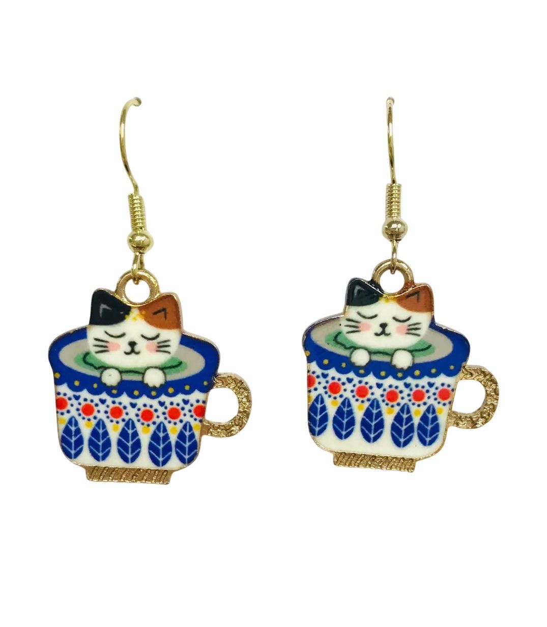 Cat In Blue Flora Coffee Cup Earrings