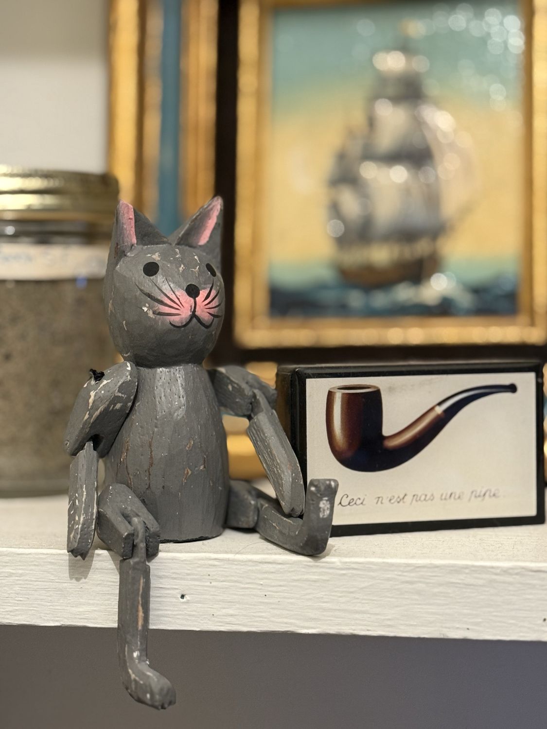 Small Gray Wood Cat Figurine
