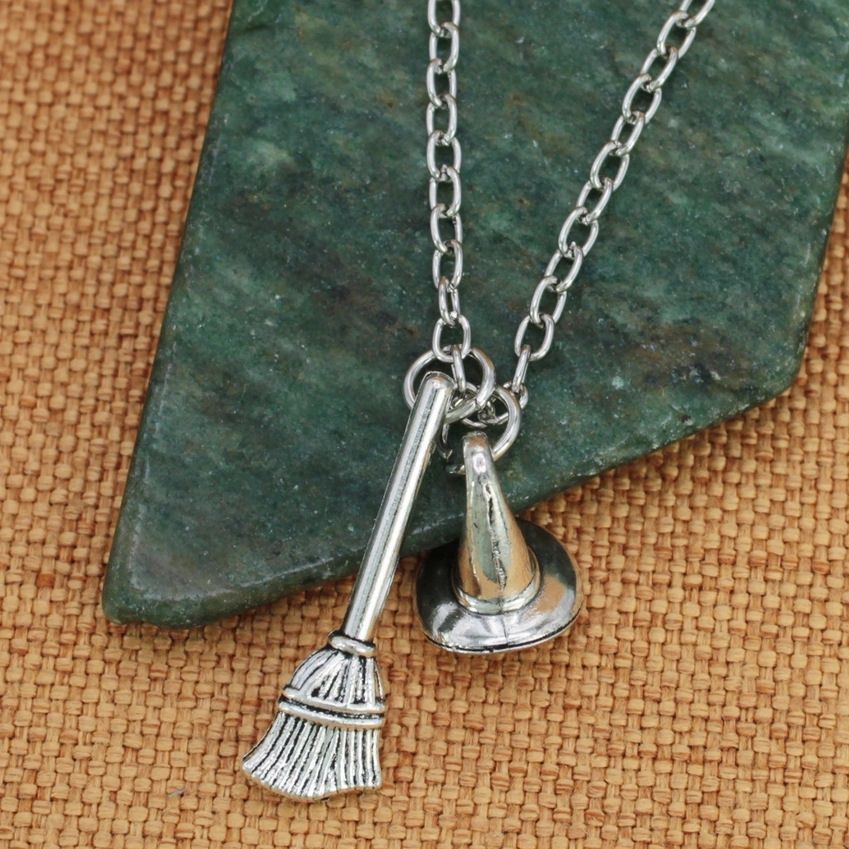 Witch Hat And Broom Silver Charm Necklace