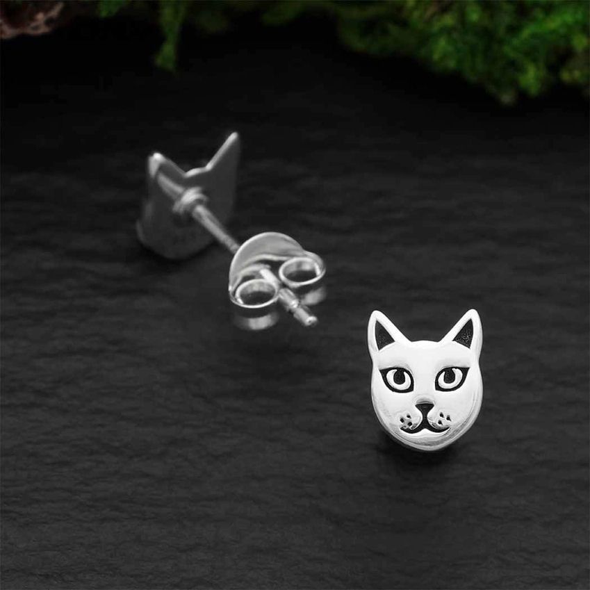 Sterling Silver Cat Face Post Stud Earrings