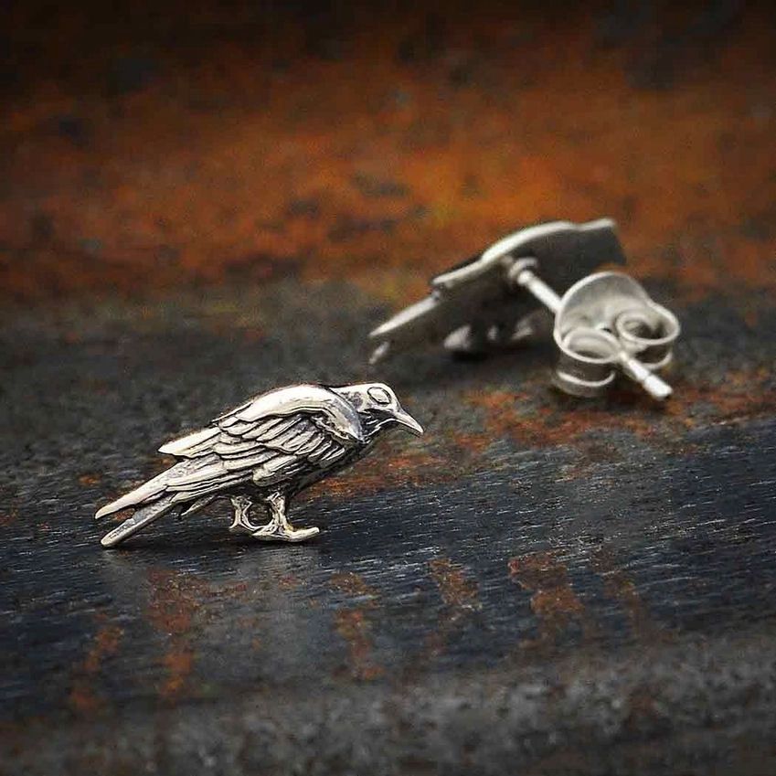 Sterling Silver Raven Bird Post Stud Earrings