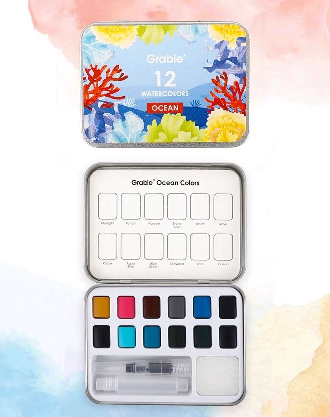 Ocean Watercolor Pocket Set Of 12 With Brush