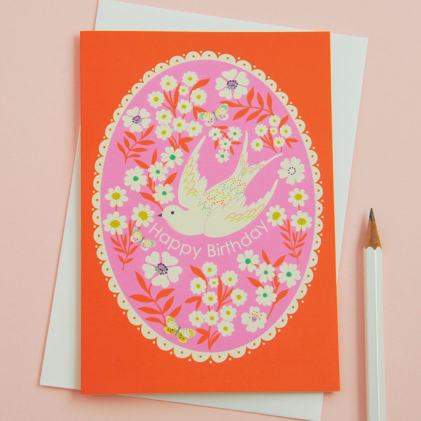 Pretty Happy Birthday Floral And Bird Border Card