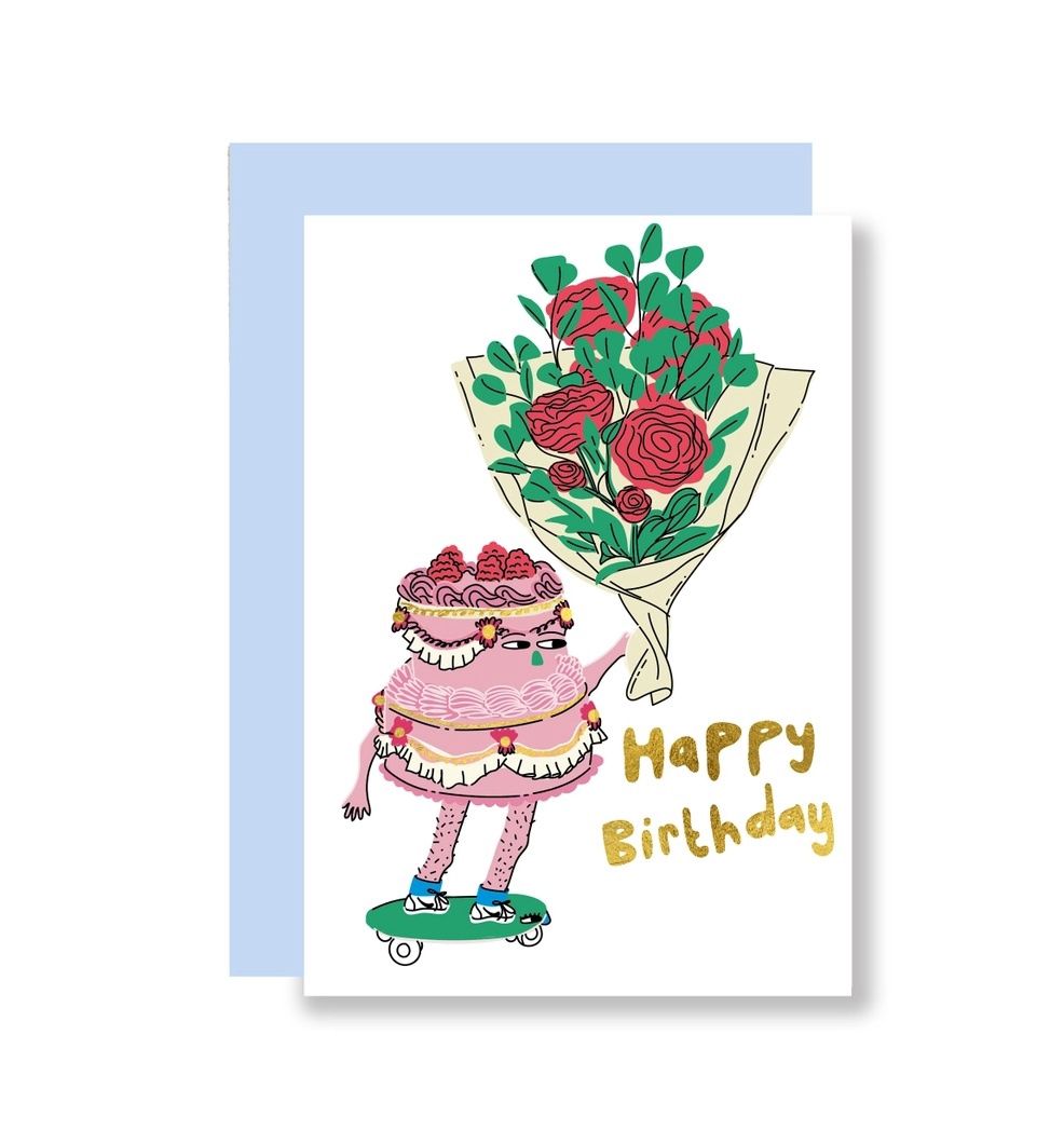 Cake On Skateboard Happy Birthday Gold Foil Card