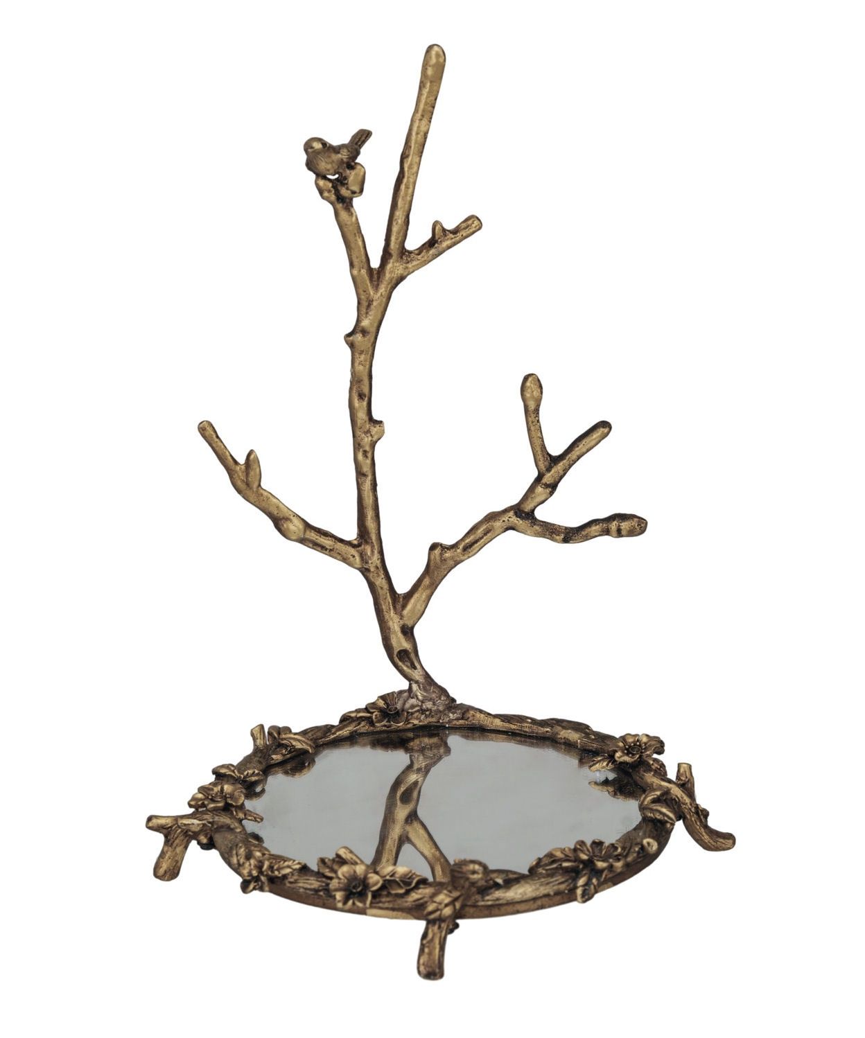 Bird On Branch Pewter Antique Mirror Jewelry Holder
