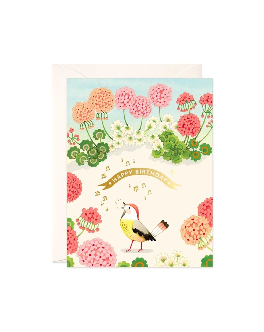 Geranium And Bird Happy Birthday Card
