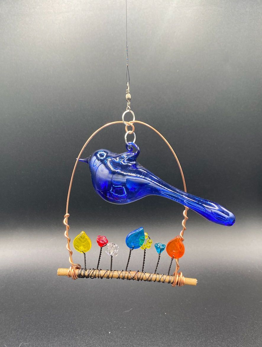 Handblown Blue Glass Bird Garden