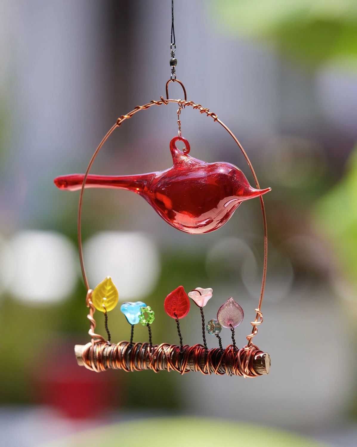 Handblown Red Glass Bird Garden