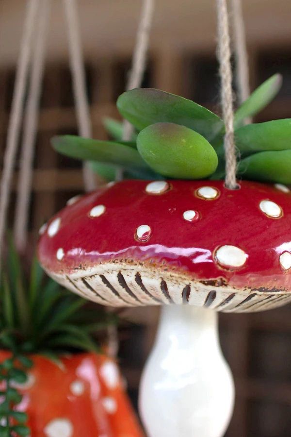 Mushroom Toadstool Red Hanging Planter