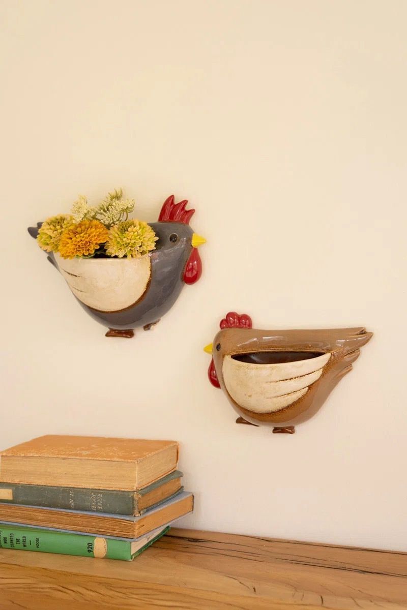 Ceramic Chicken Blue Wall Planter