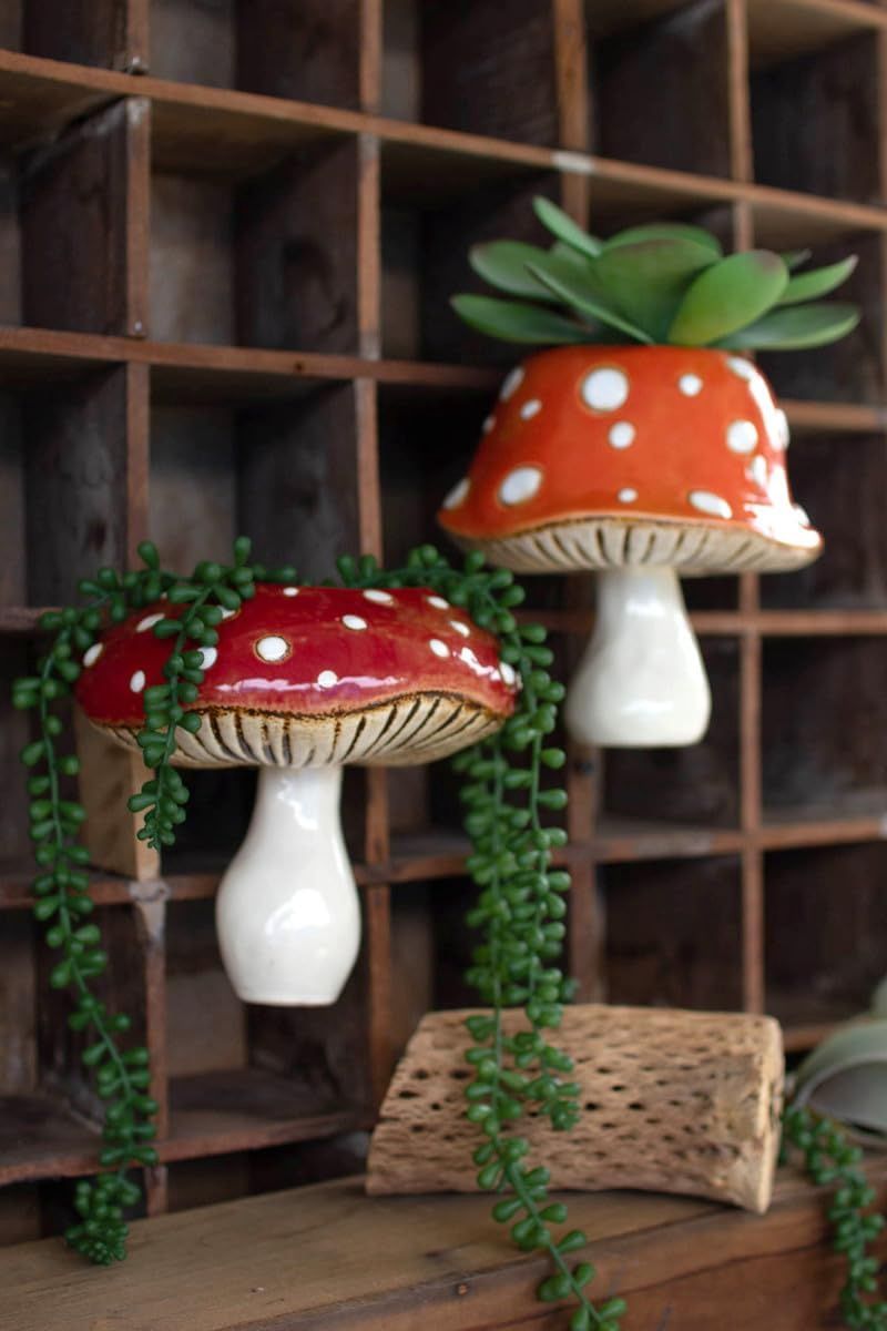 Ceramic Toadstool Orange Mushroom Wall Planter