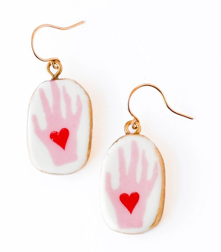 Ceramic Hand And Heart Drop Earrings