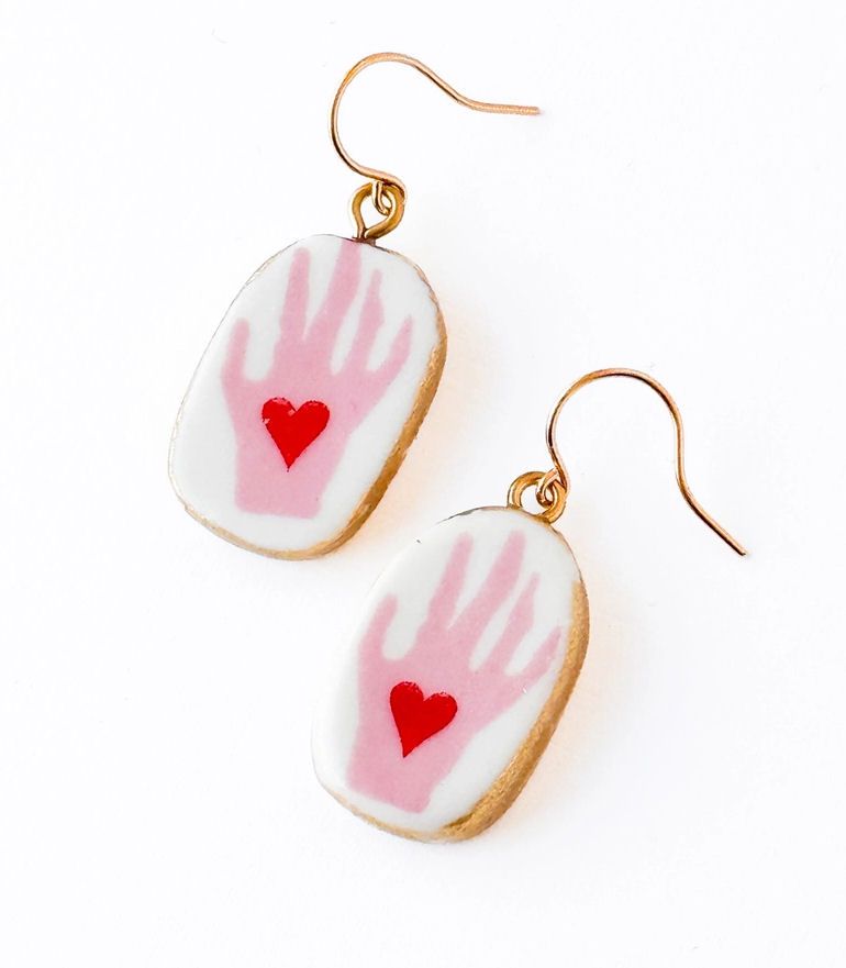 Ceramic Hand And Heart Drop Earrings