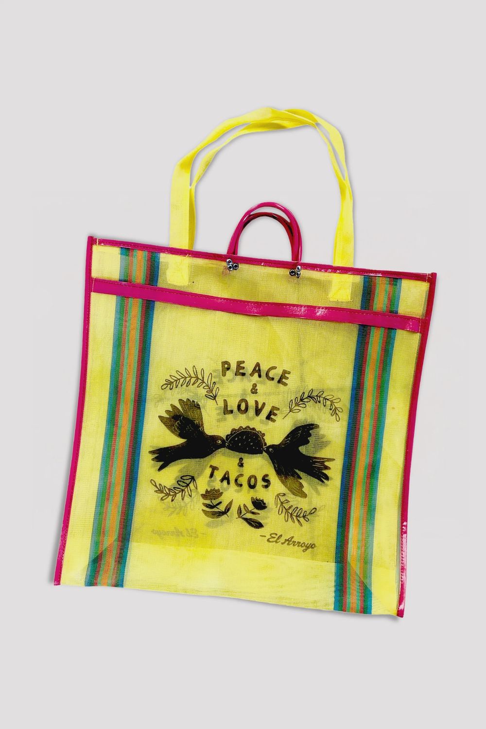 Peace Love And Tacos Dove Yellow Mesh Tote Bag