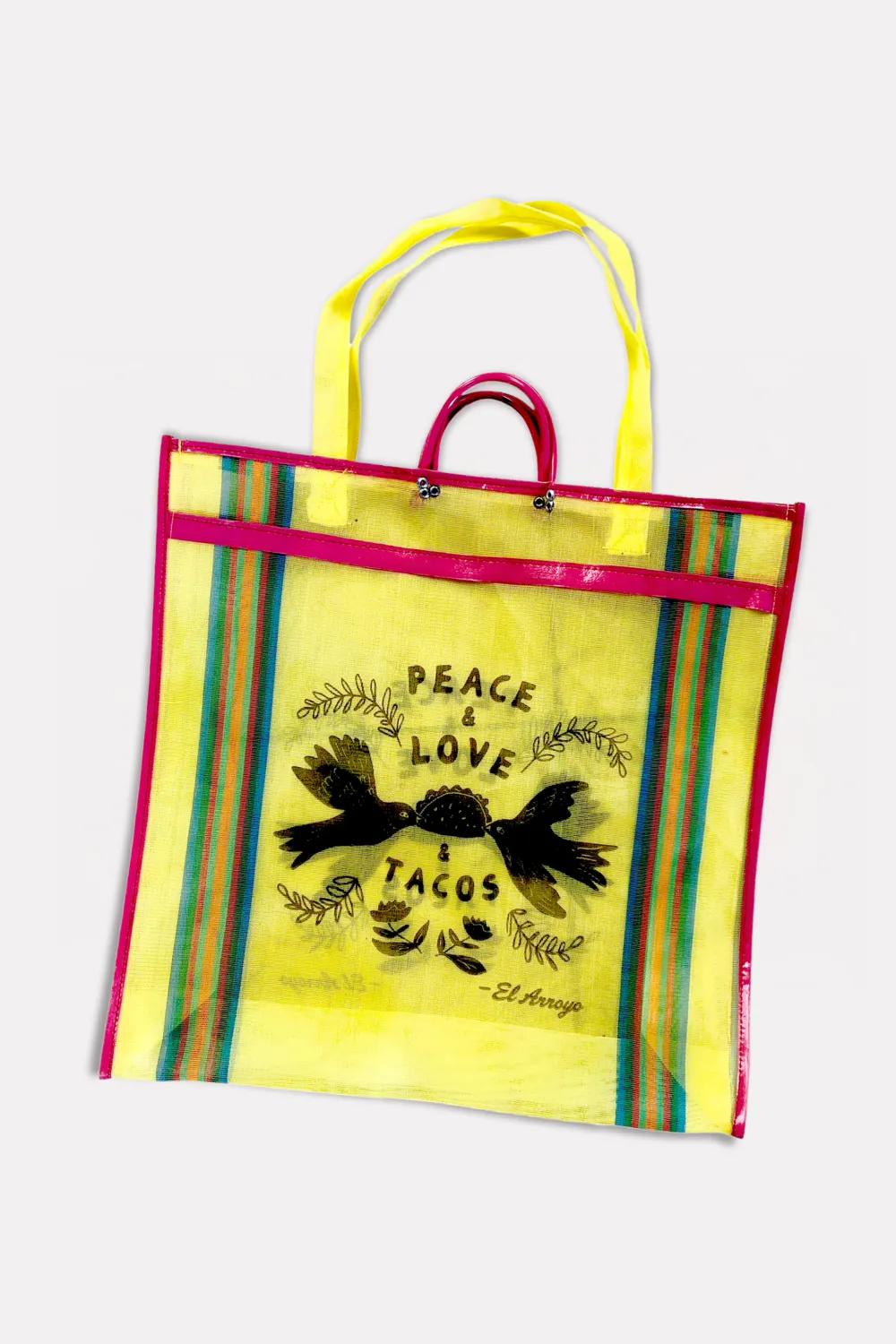 Peace Love And Tacos Dove Yellow Mesh Tote Bag