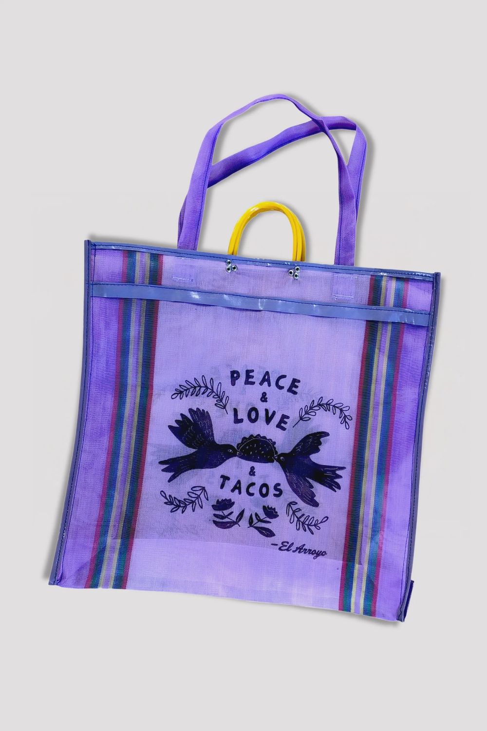 Peace Love And Tacos Dove Purple Mesh Tote Bag