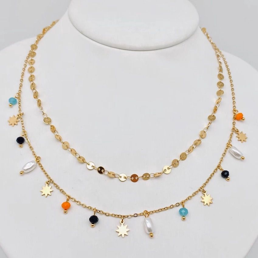 Star Pearl Charm Double Chain Stainless Steel Necklace