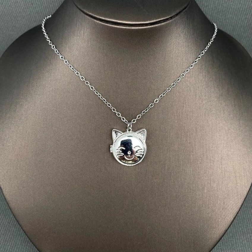 Cat Locket Charm Silver Necklace