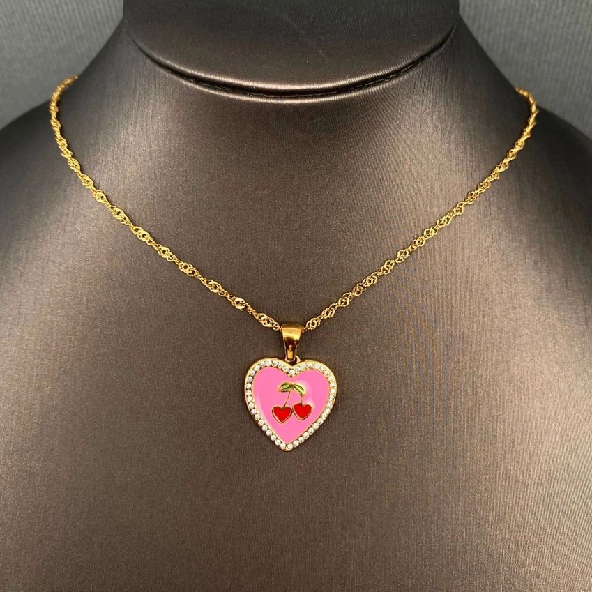 Cherry Heart Charm Gold Necklace