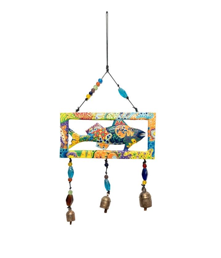 Hand Painted Wooden Fish Frame With Beads And Bells Chime